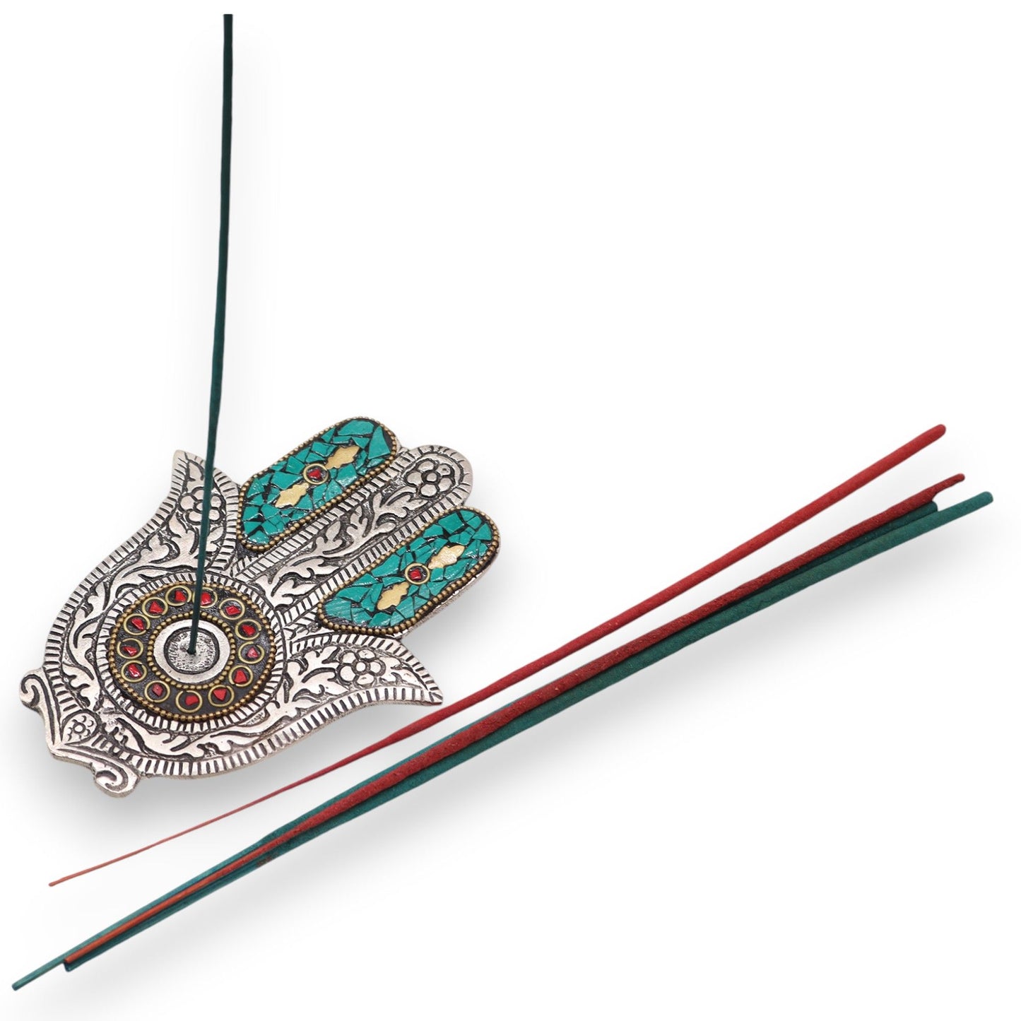 Hamsa Räucherstäbchenhalter in Smaragdgrün – Handpoliertes Aluminium