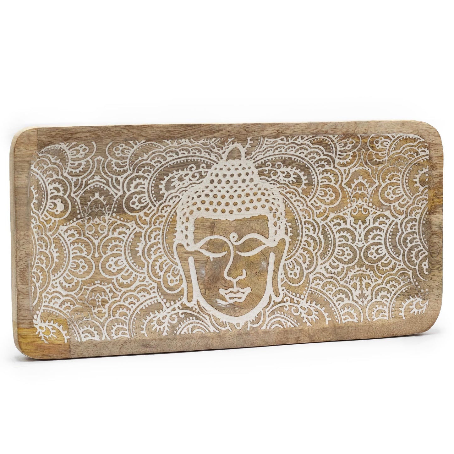 Mangoholz-Tablett mit Buddha-Gravur | Weiß lasiert | 30x15 cm