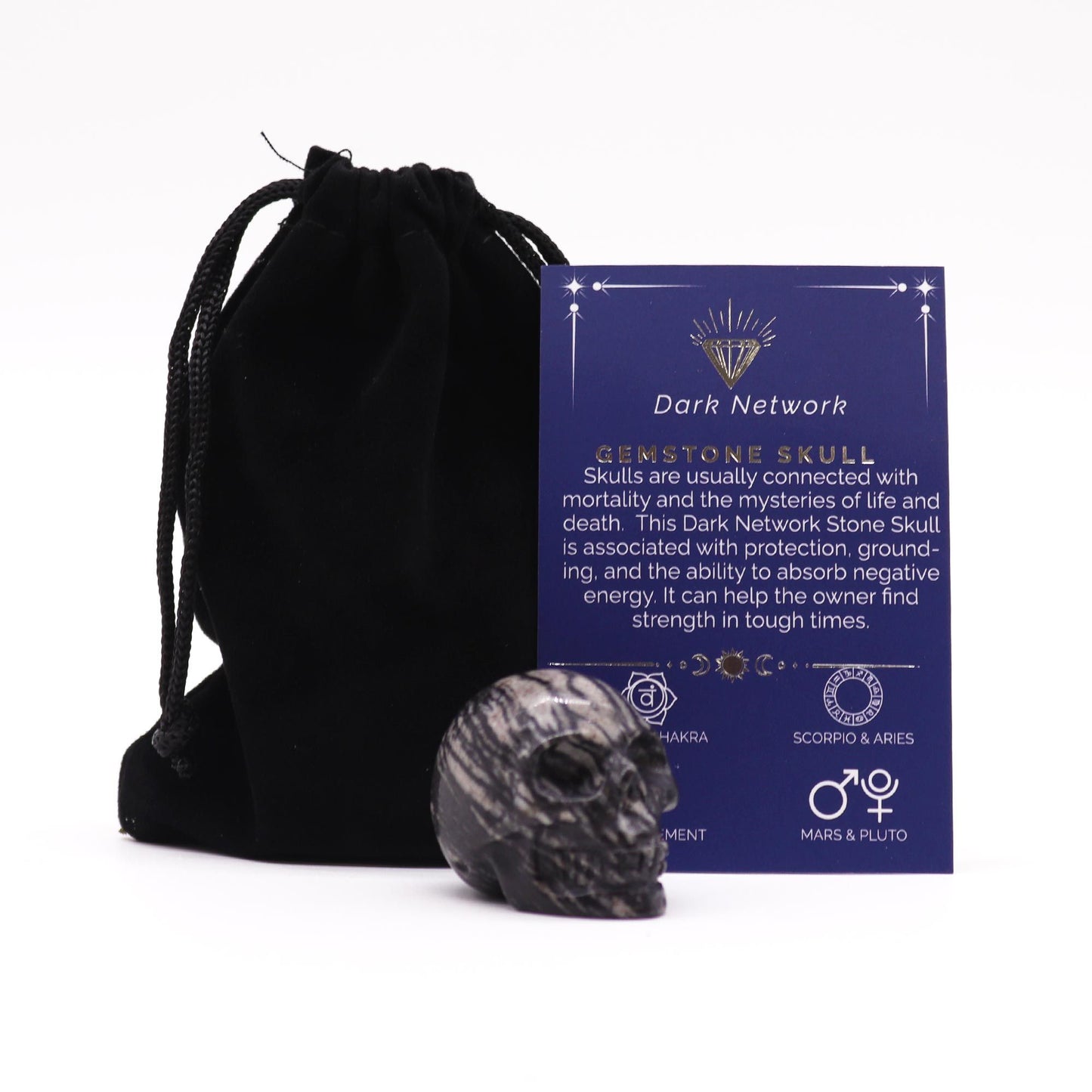 Handgeschnitzter Schädel aus Dark Network Stone – Einzigartige Edelsteinfigur 40x30x28mm