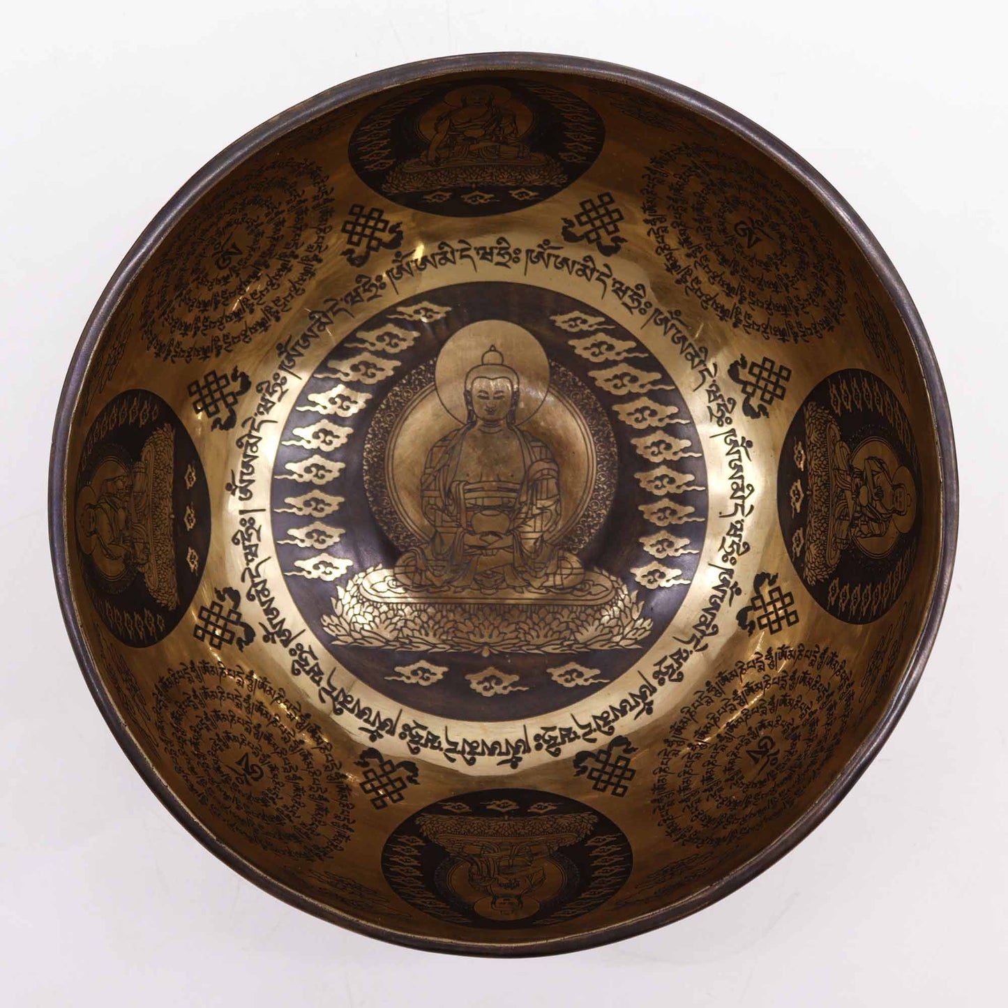 Meditationsschale mit den Fünf Dhyani-Buddhas – Handgefertigt in Nepal, 21 cm