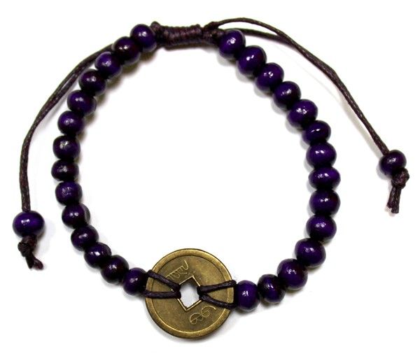 Feng-Shui Armband aus Albizia-Holz mit traditioneller Glücksmünze - Lila