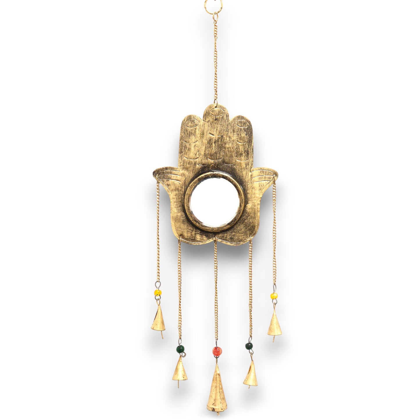 Hamsa-Hand Windspiel mit Spiegel und 5 Glöckchen – Handgefertigt aus Eisen