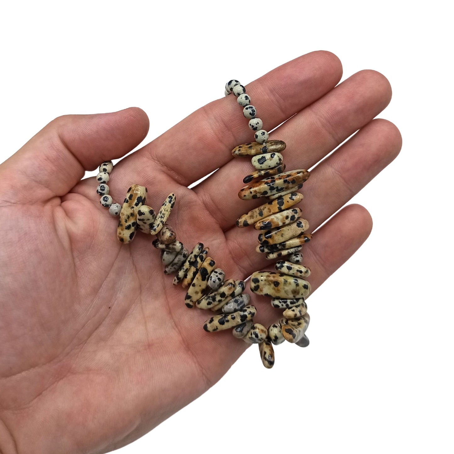 Langstein-Kette aus Dalmatiner-Jaspis mit Silberbeschichtung