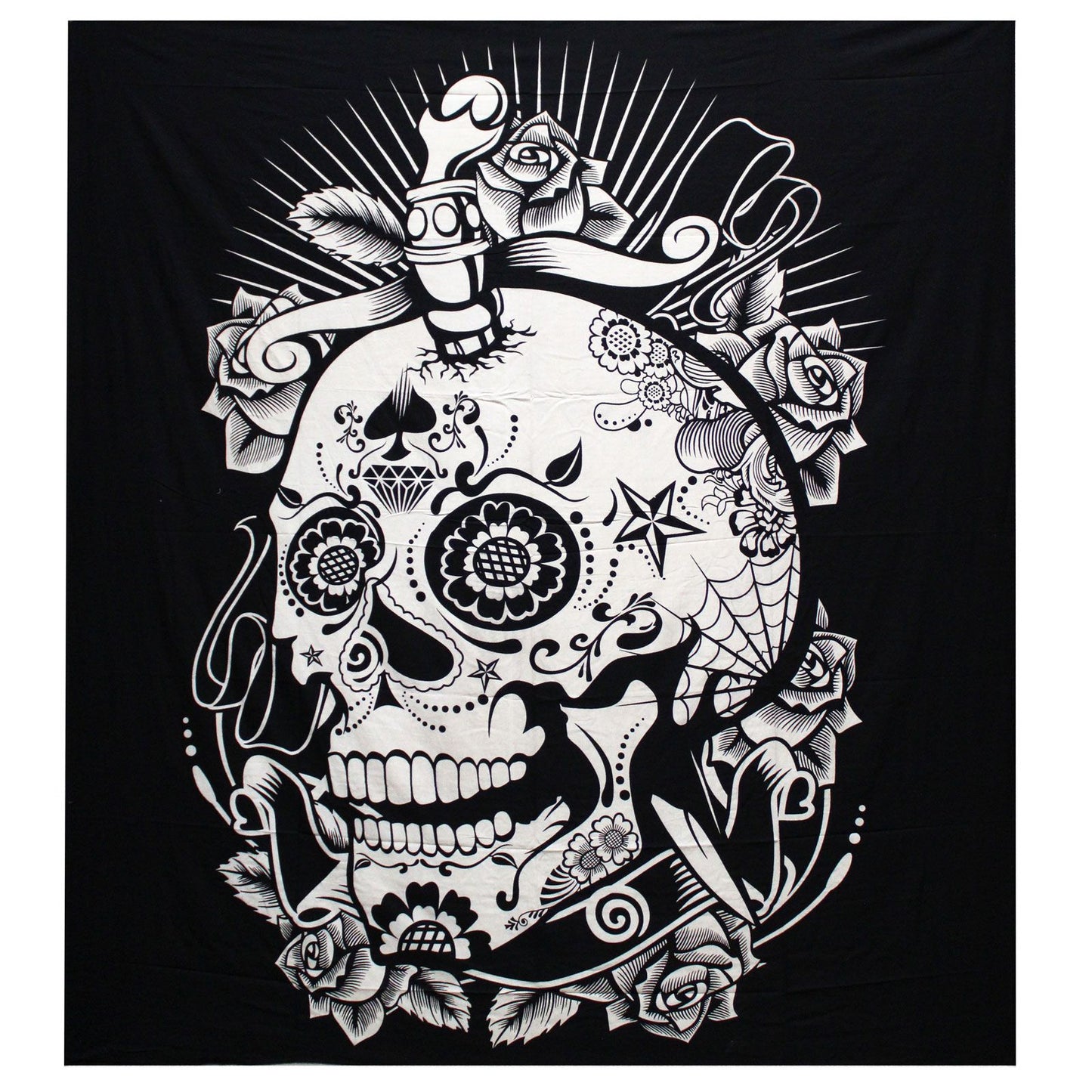 Handgedruckte Baumwoll-Tagesdecke mit Rosen-Schädel Motiv | Wandbehang