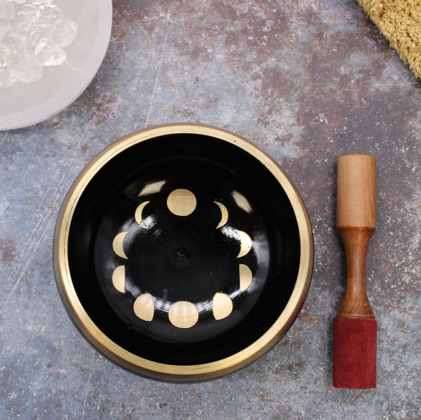 Klangschalen-Set 'Mondphasen' in Schwarz - 14 cm mit Holzauflage