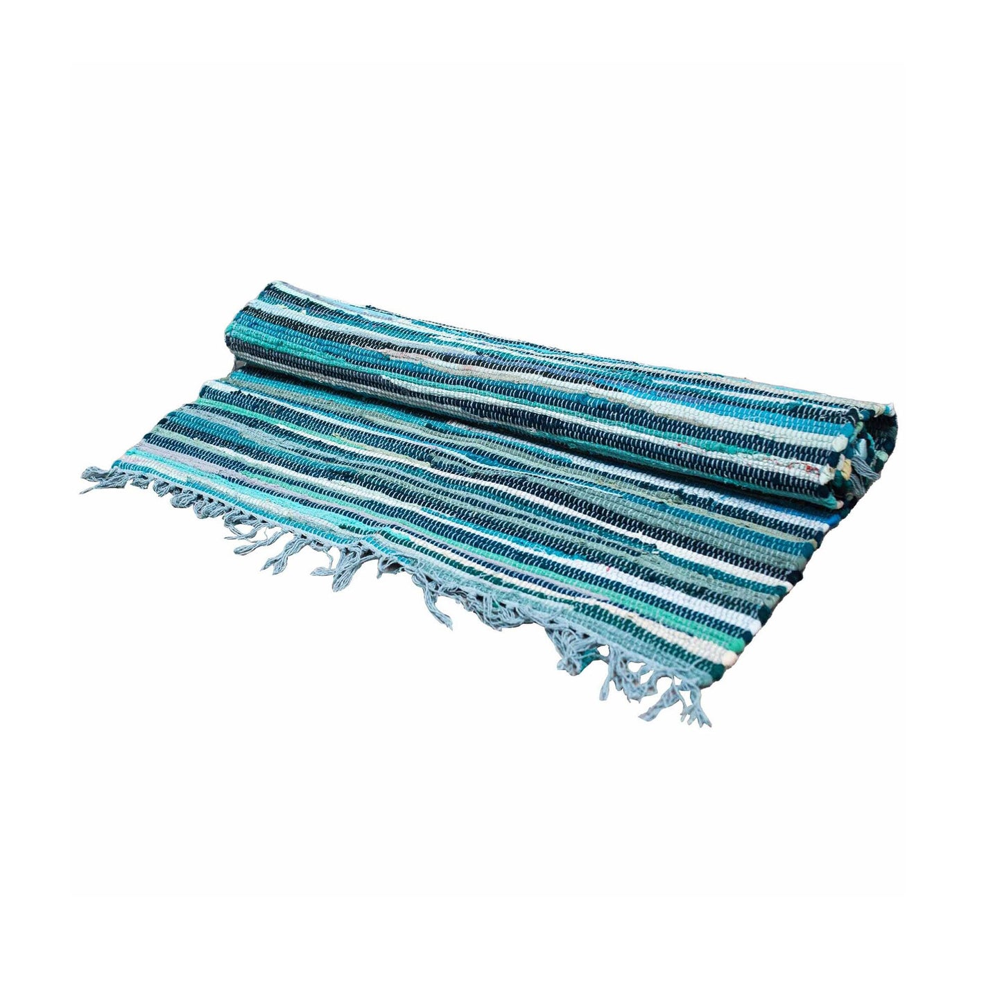 Indischer Flickenteppich in Aquamarin – Handgewebt aus Baumwolle, 50 x 90 cm