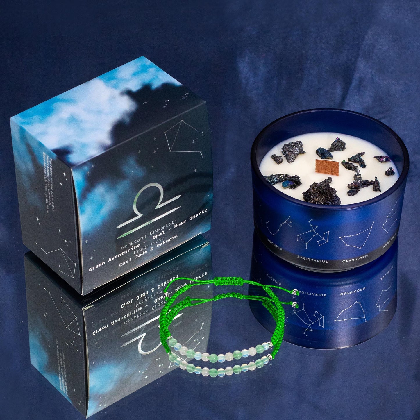 Sternzeichen-Kerze Waage mit Edelsteinarmband – Sojawachs & harmonisierender Duft