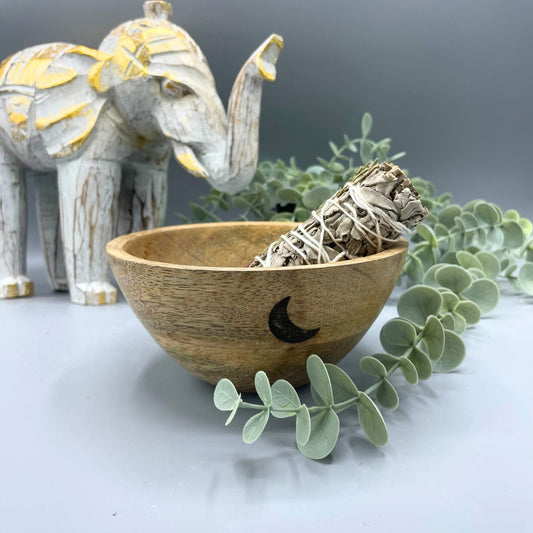 Räucherschale Drei Monde aus Mangoholz - Handgeschnitzt für Rituale - 14x7 cm