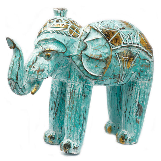 Handgeschnitzter Elefant in Türkis & Gold - Holzfigur aus Bali
