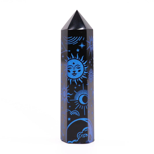 Obsidian-Obelisk 'Midnight Blue' – Handgravierte Energiespitze aus schwarzem Obsidian