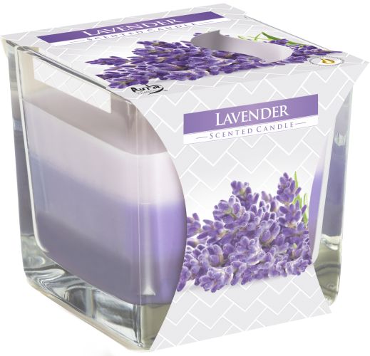Lavendel-Duftkerze im Glas mit Regenbogen-Farbverlauf