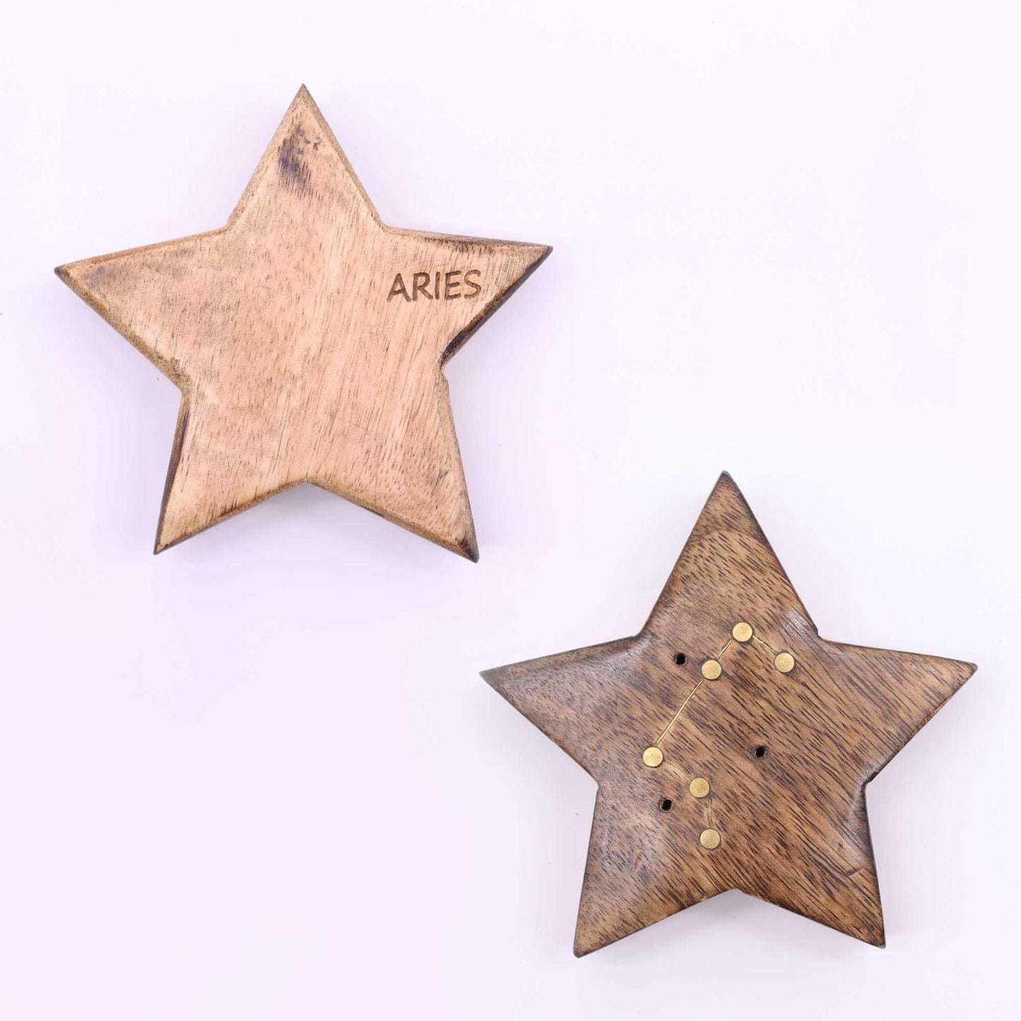 Set mit 12 Sternzeichen-Räuchersternen aus Mangoholz und Messing