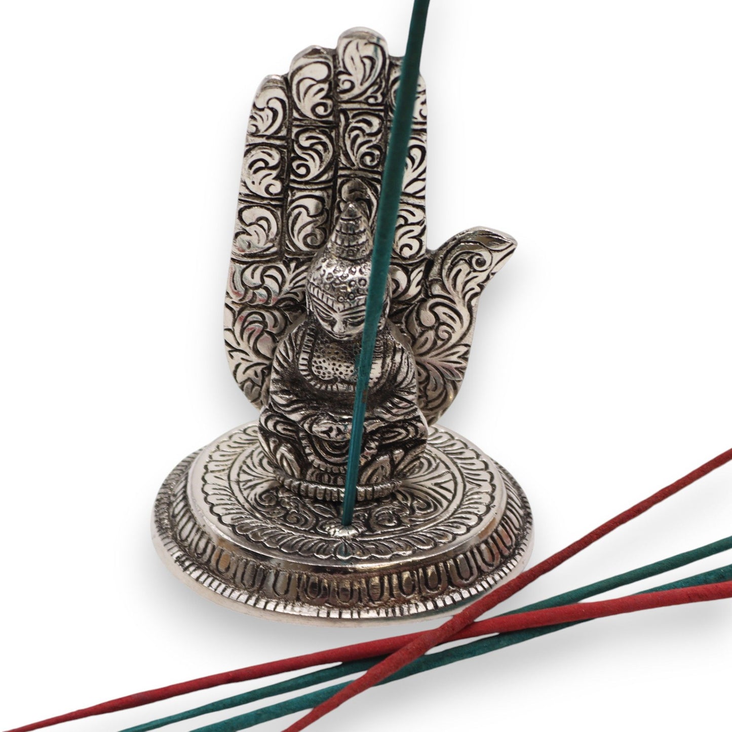 Räucherstäbchenhalter 'Buddha-Hand' aus poliertem Aluminium – 13 x 9 cm