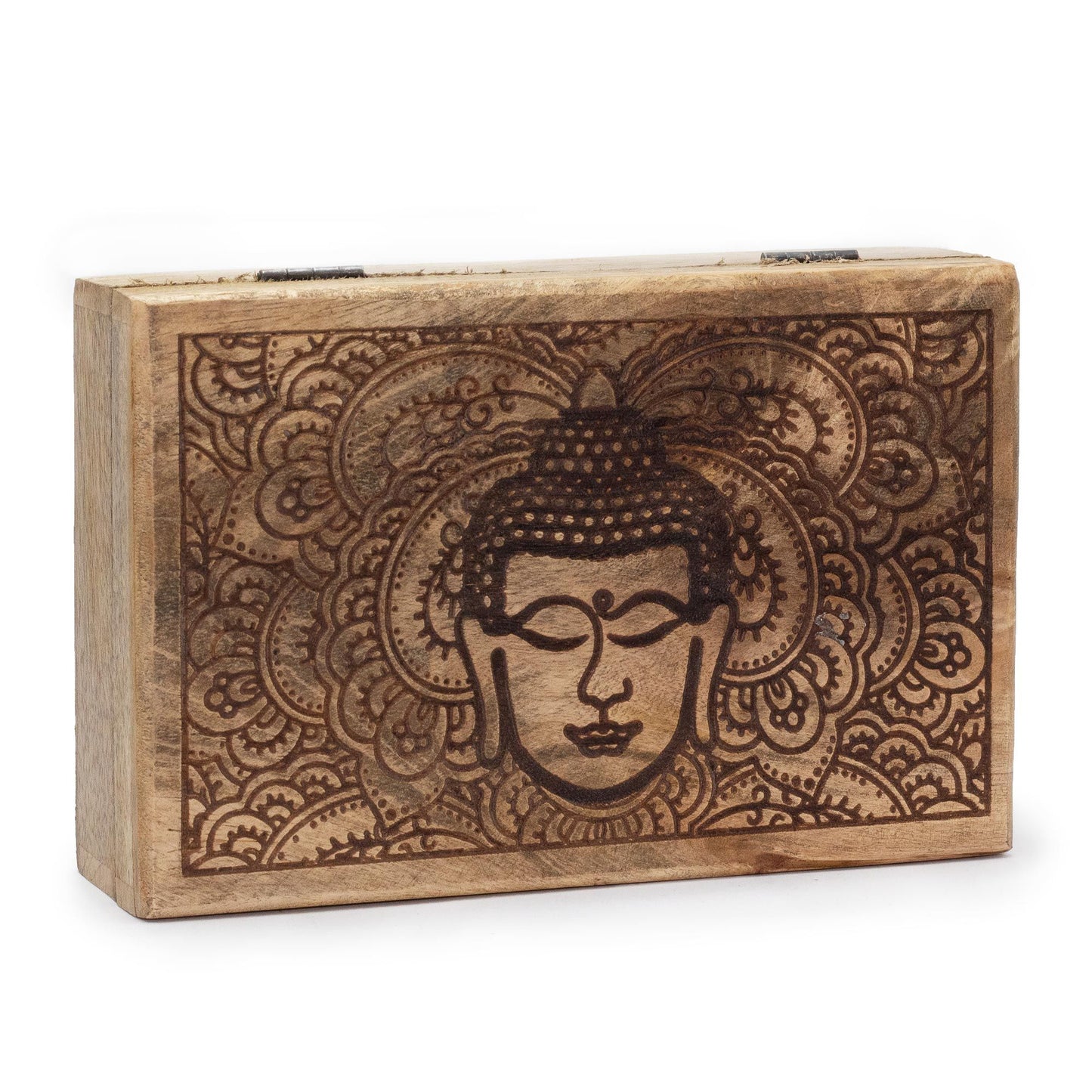 Aufbewahrungsbox aus Mangoholz mit Buddha-Gravur - Schwarz, 21,5 x 14 x 6,3 cm