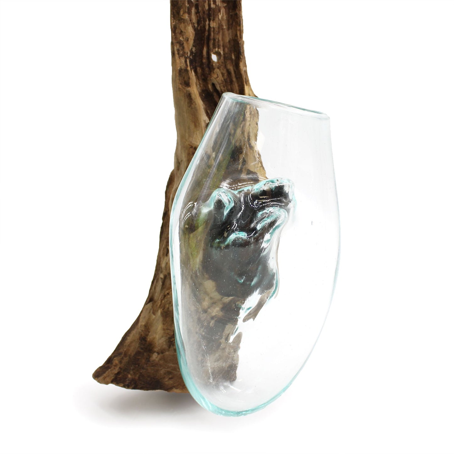 Hängende Glasschale aus Bali - Einzigartiges Unikat aus recyceltem Glas & Gamal-Holz