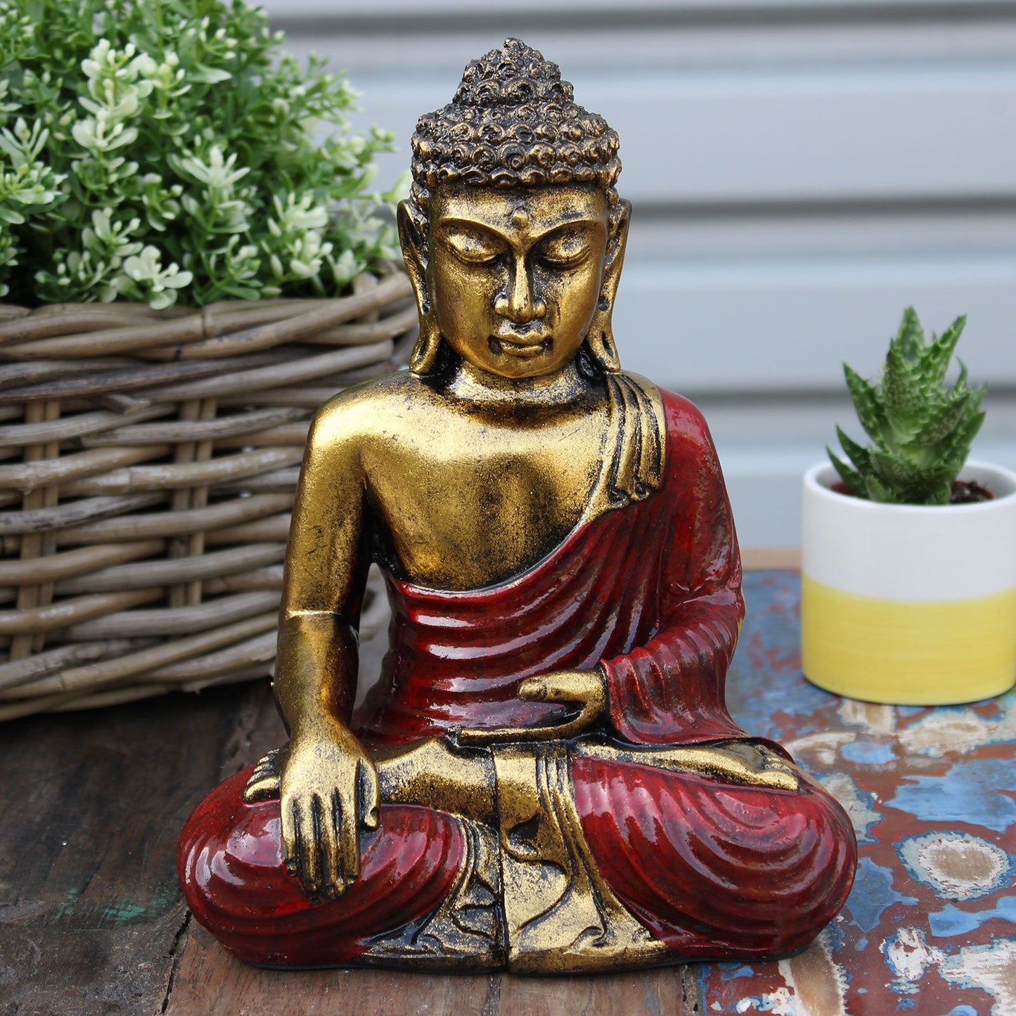 Handbemalte Buddha-Figur in Rot & Gold - Großformat für innere Ruhe