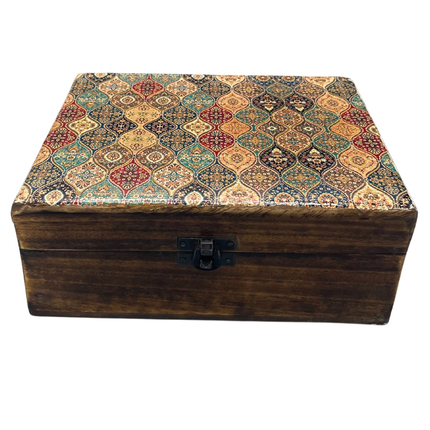 Handgefertigte Schmuckkiste aus Mangoholz mit Keramikglasur, 20x15x7.5 cm, traditionelles Muster