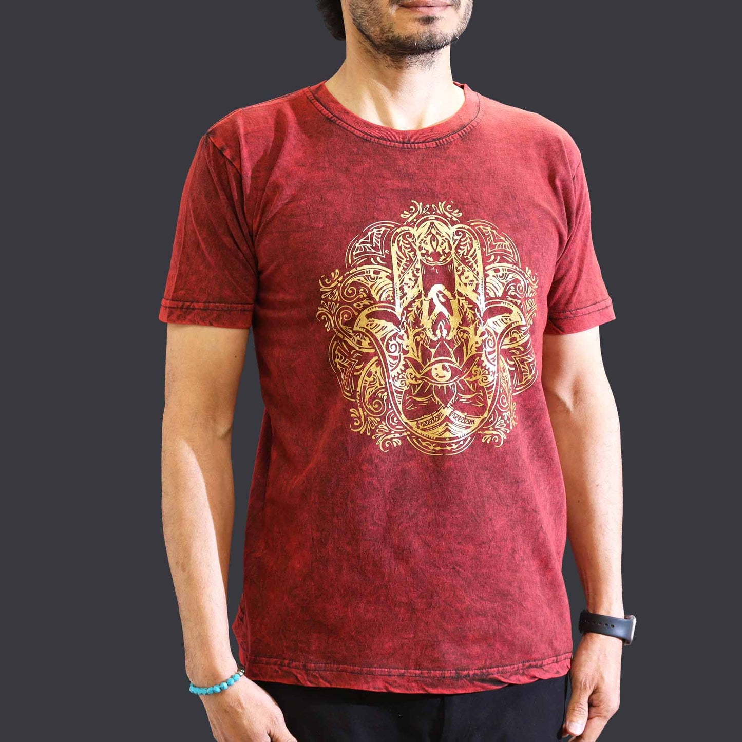 Hamsa Schutzhand T-Shirt in Maroon – Vintage-Look aus steingewaschener Baumwolle