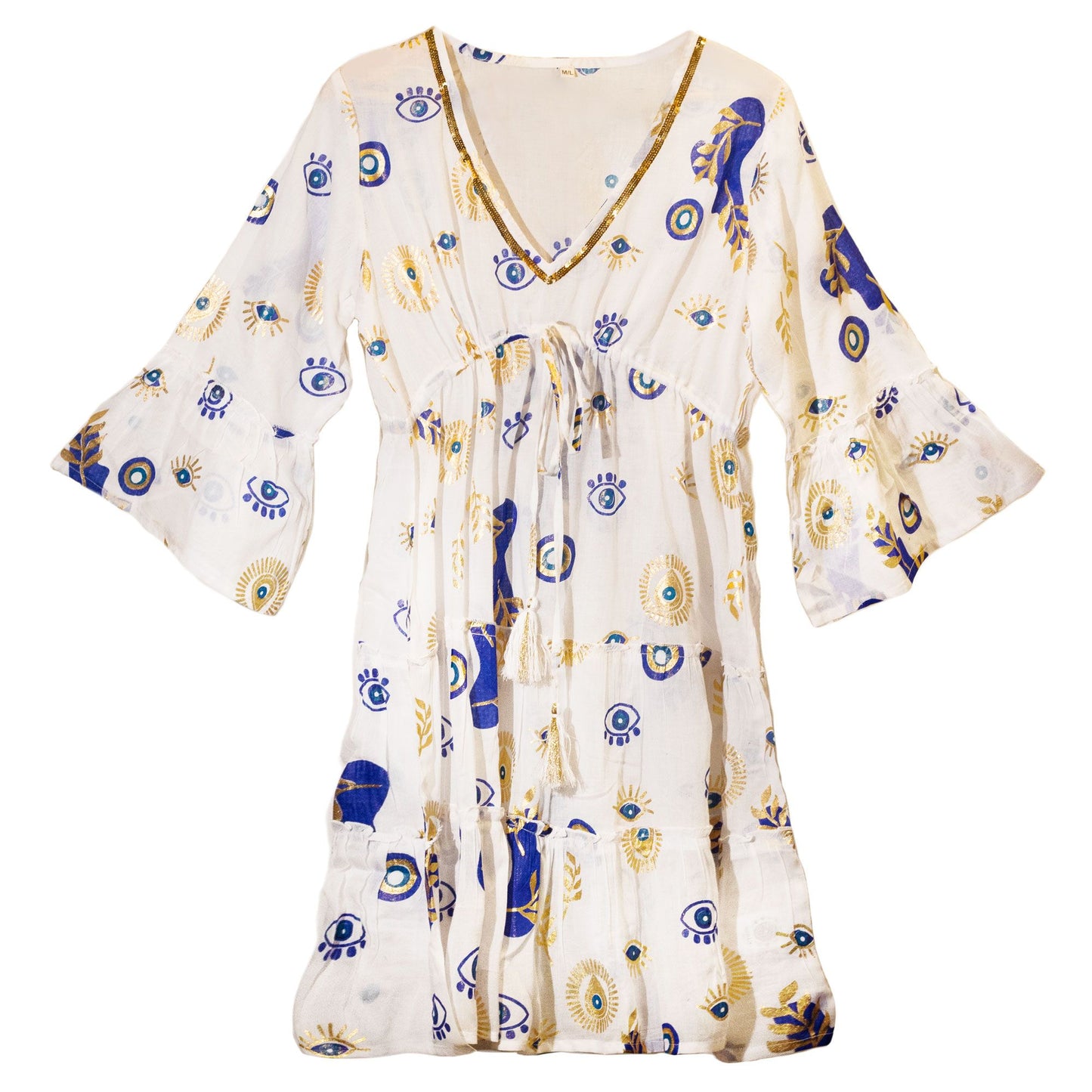 Kleid mit Schutzsymbol – Handbemaltes Unikat in Weiß, Blau und Gold