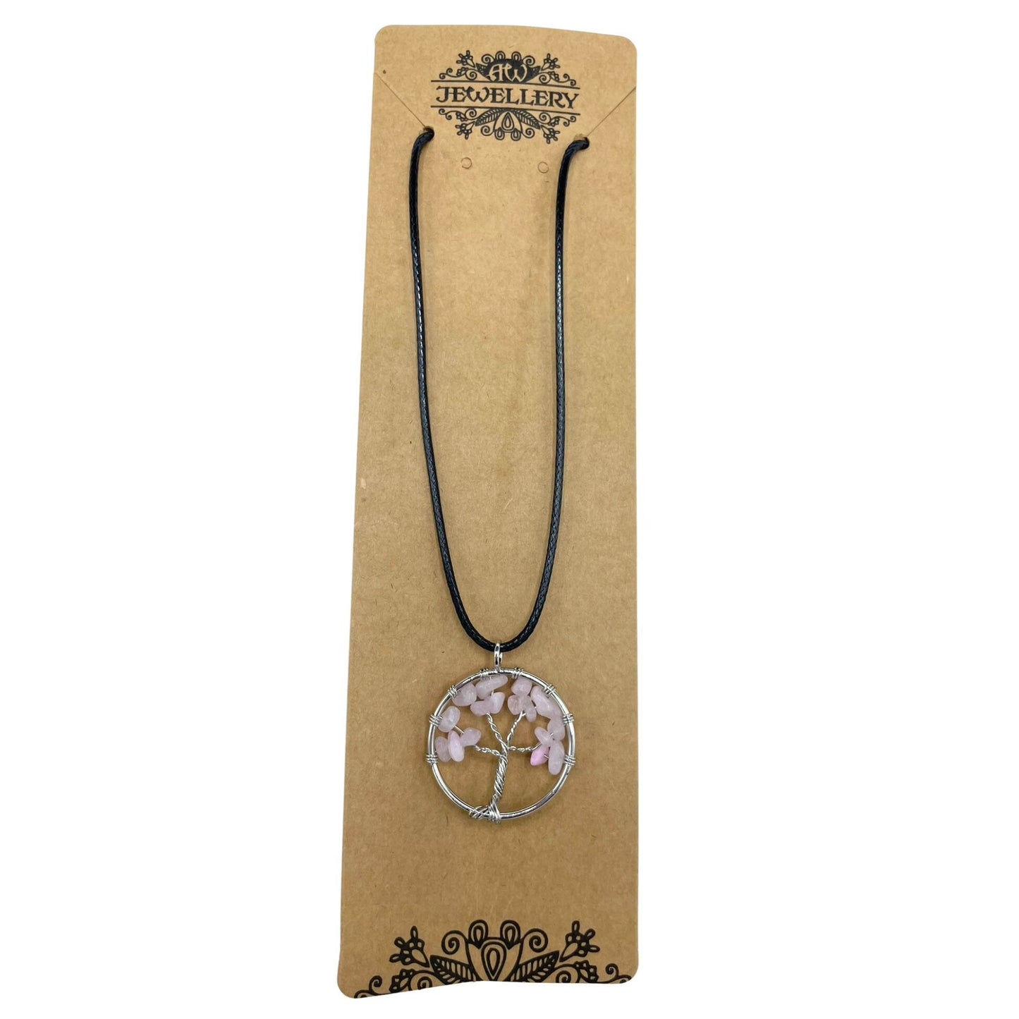 Lebensbaum-Anhänger aus Rosenquarz – Handgefertigter Talisman mit Lederbändchen