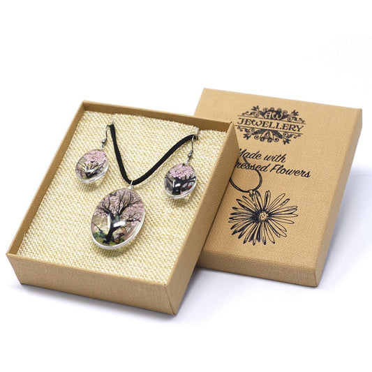 Schmuckset 'Baum des Lebens' mit echten rosa Blüten - Halskette & Ohrstecker