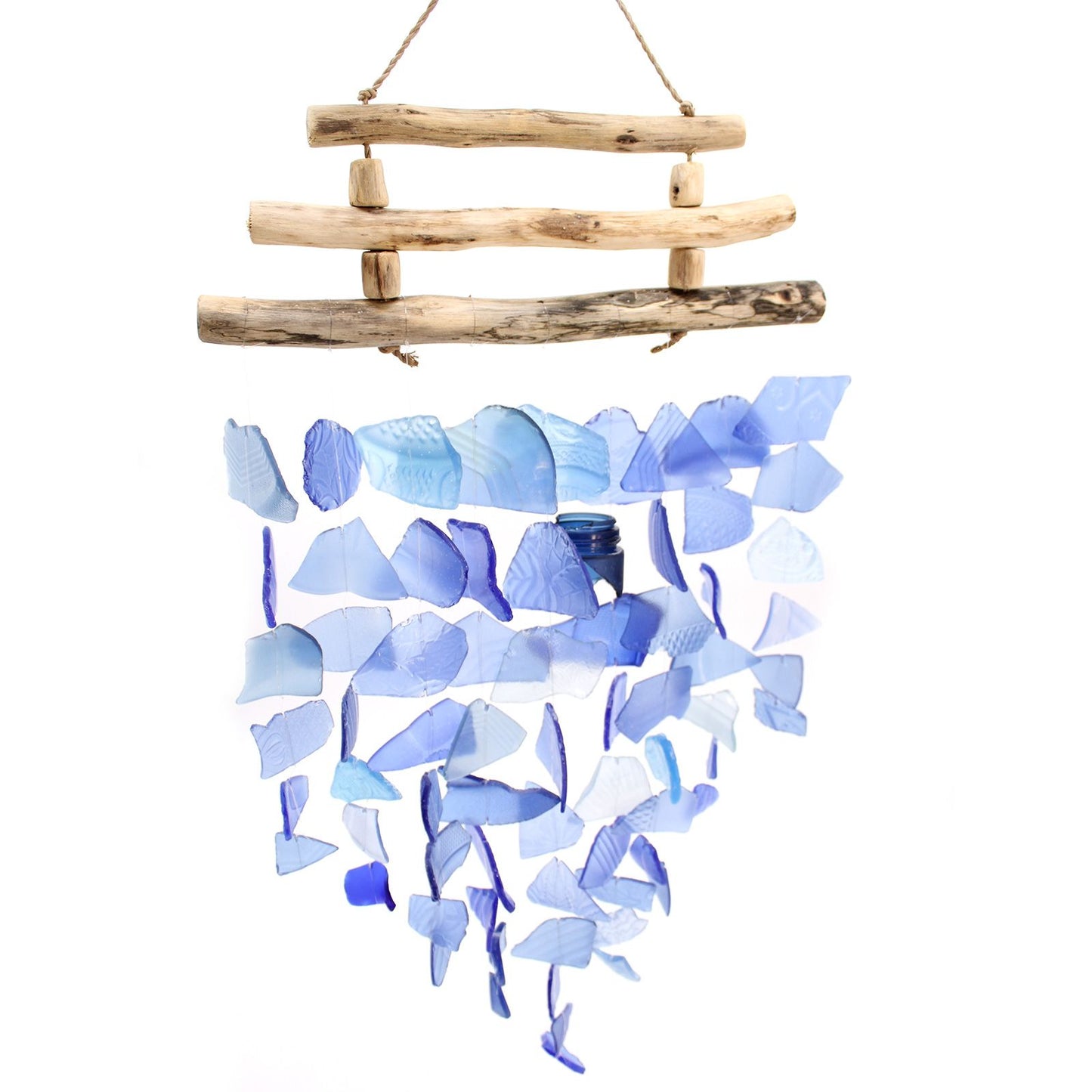 Dreistab Windspiel 'Ganz in Blau' – Handgefertigt aus Recyclingglas & Treibholz