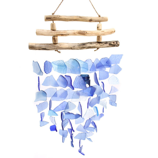 Dreistab Windspiel 'Ganz in Blau' – Handgefertigt aus Recyclingglas & Treibholz