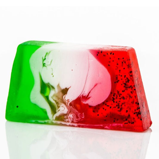 Handgeschnittene Seifenstange Wassermelone – Sanftes Peeling mit Mohnsamen