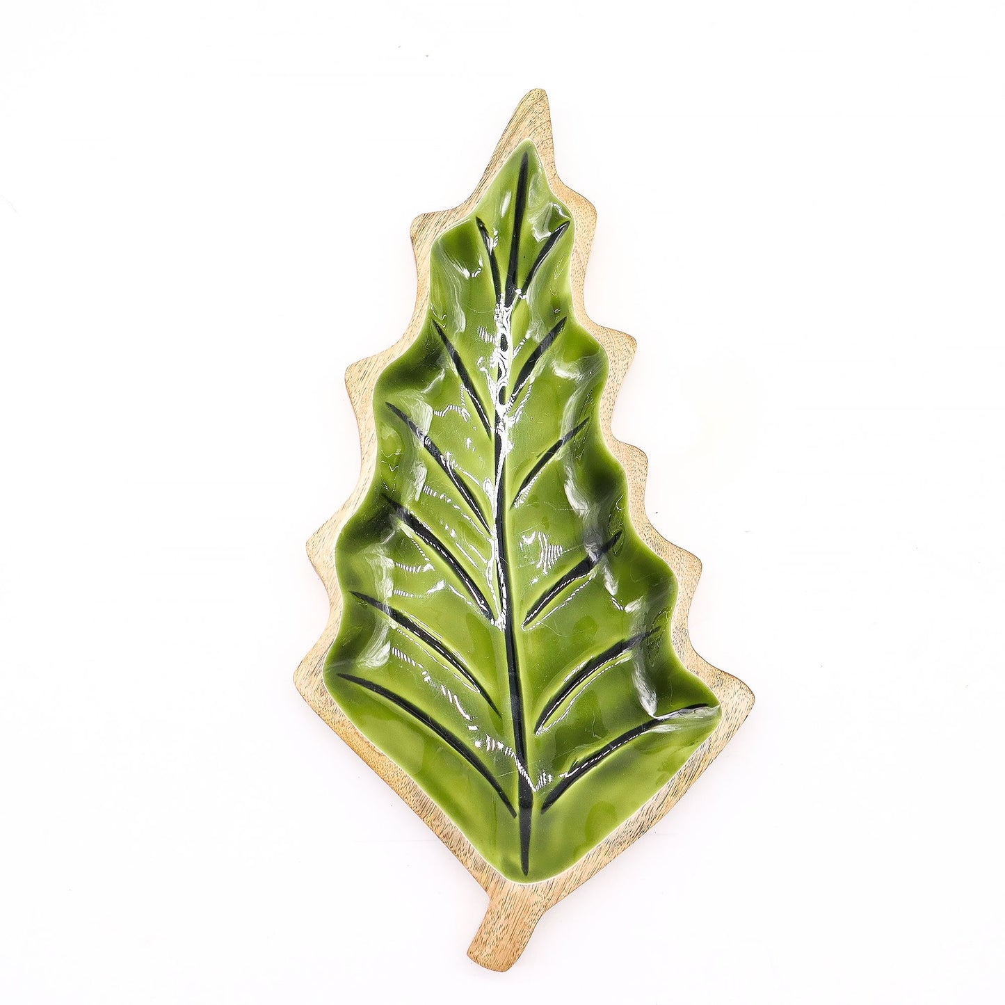 Blattschale aus Mango-Holz mit grüner Emaille - Einzigartiges Natur-Dekor