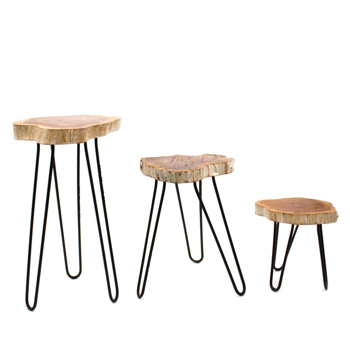 Set aus 3 Pflanzenständern aus Gamal-Holz mit Weißlasur und Haarnadelbeinen