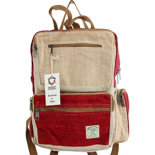 Großer Hanfrucksack im Box-Design - Weinrot mit Creme-Akzenten