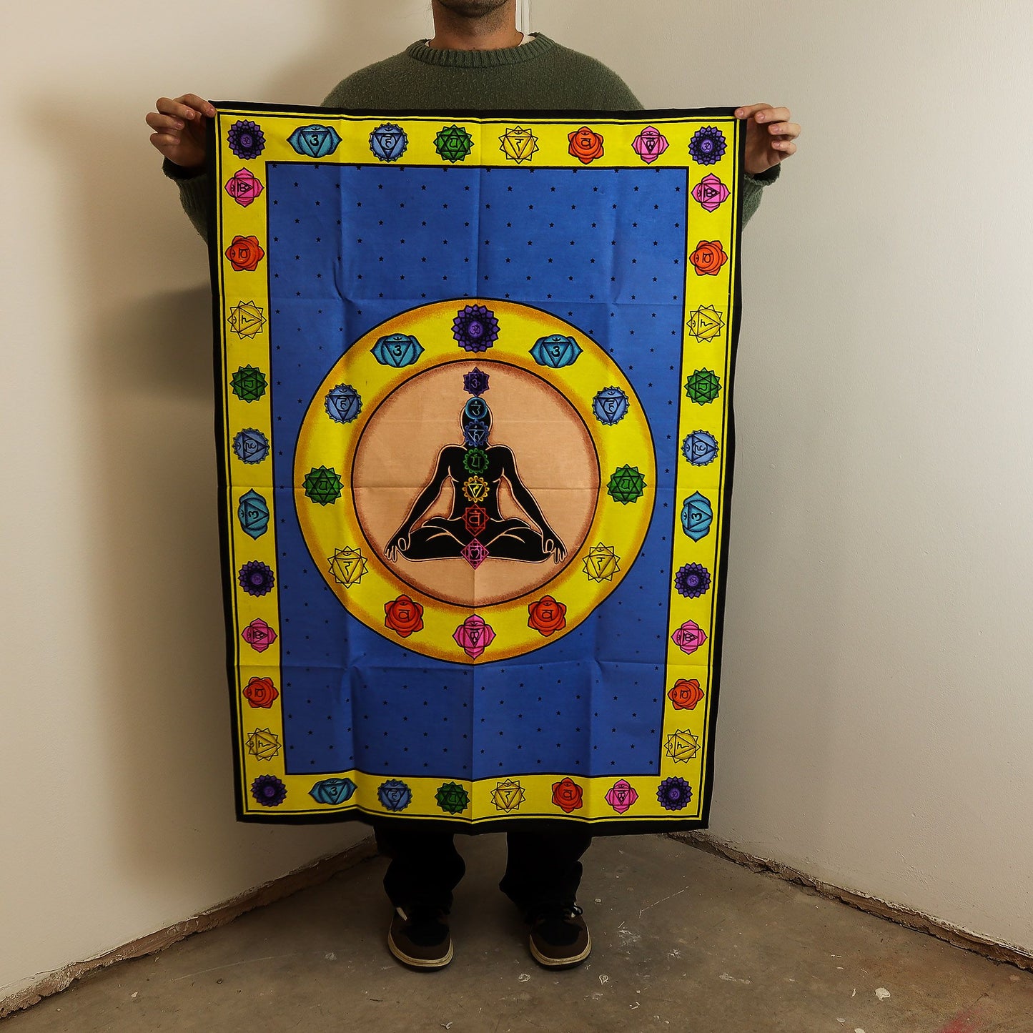 Wandbild 'Chakra Fibrant' – Meditatives Baumwoll-Tuch in Blau (70x110 cm)