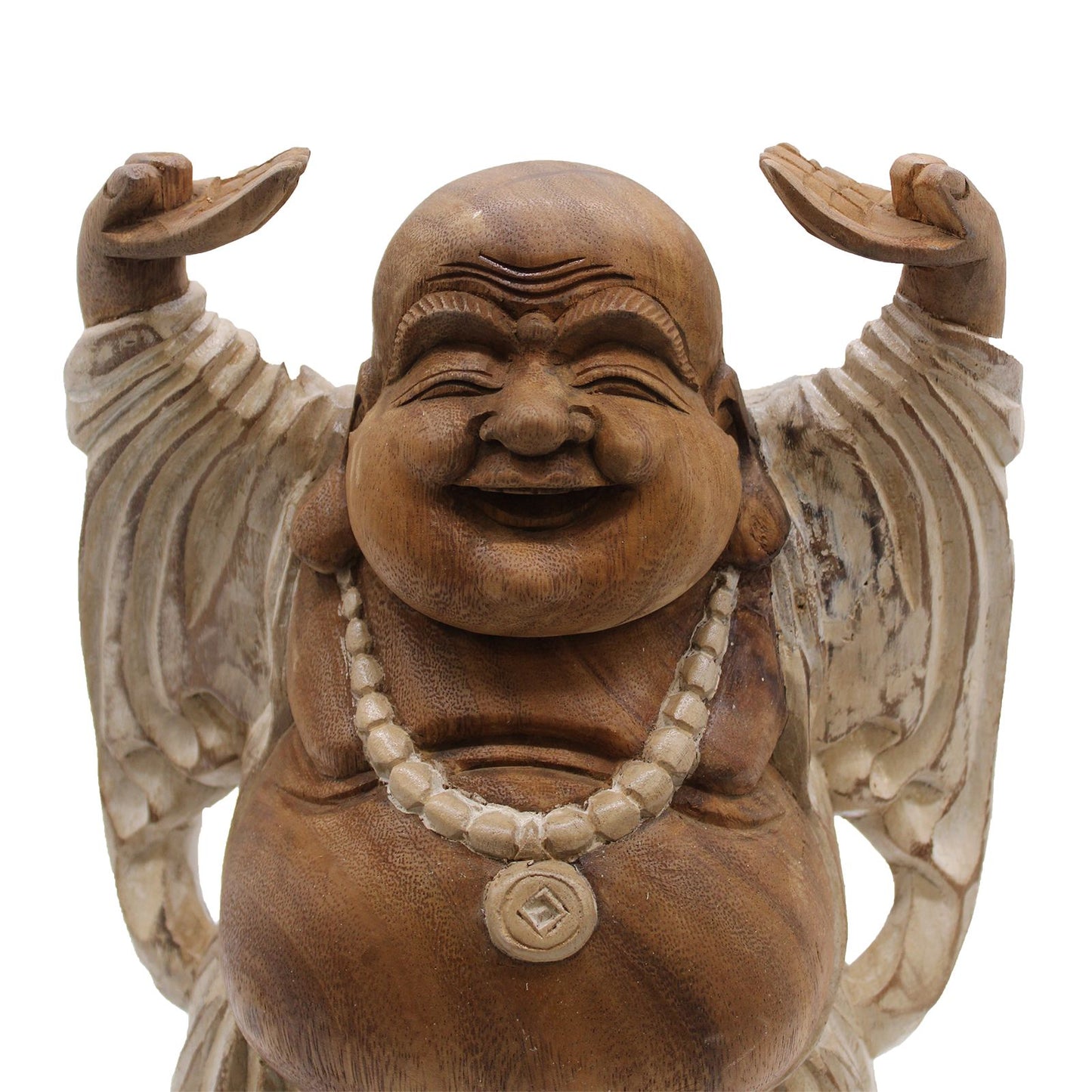 Handgeschnitzte Buddha-Statue aus Suarholz, naturweiß, 40 cm - Hände oben