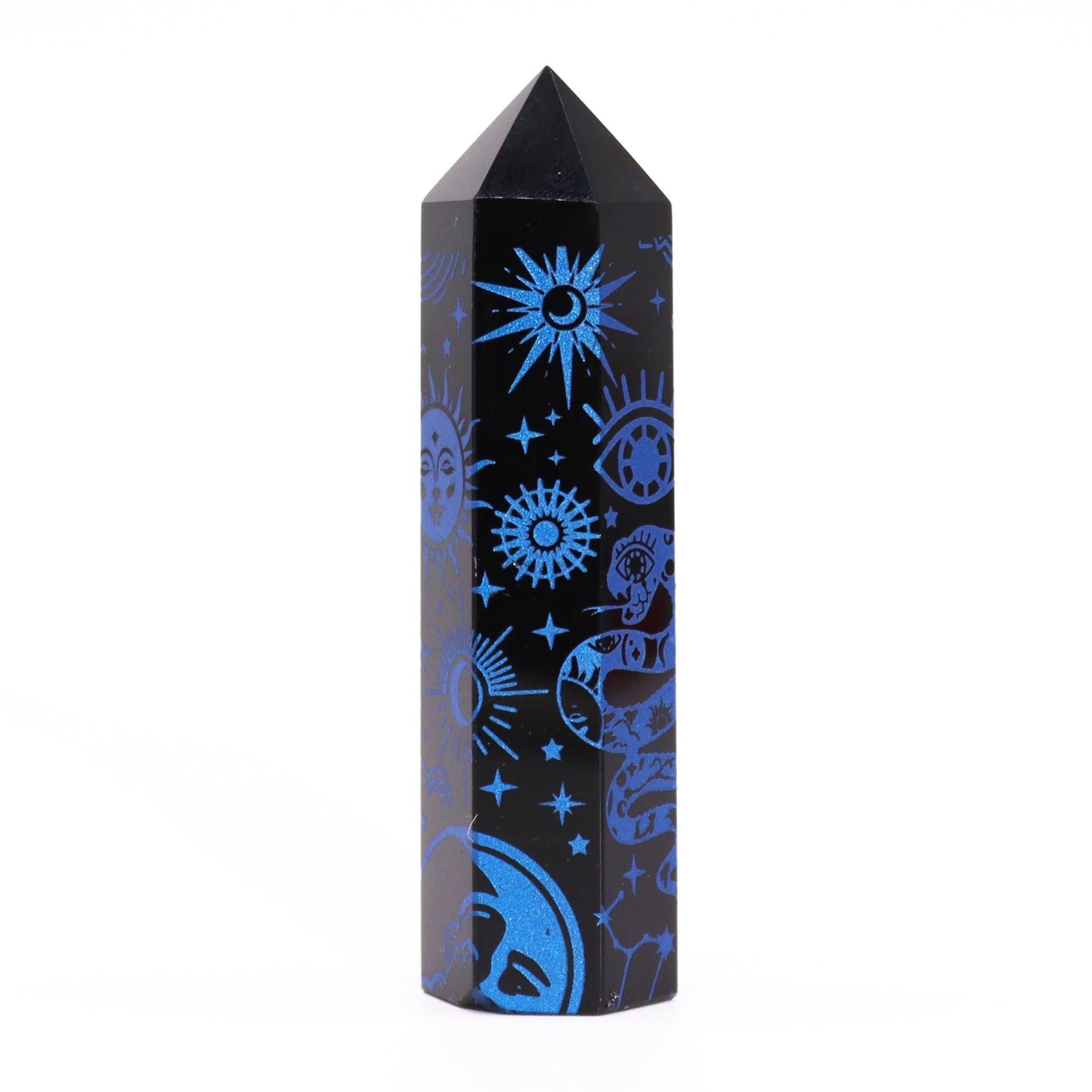 Obsidian-Obelisk 'Midnight Blue' – Handgravierte Energiespitze aus schwarzem Obsidian