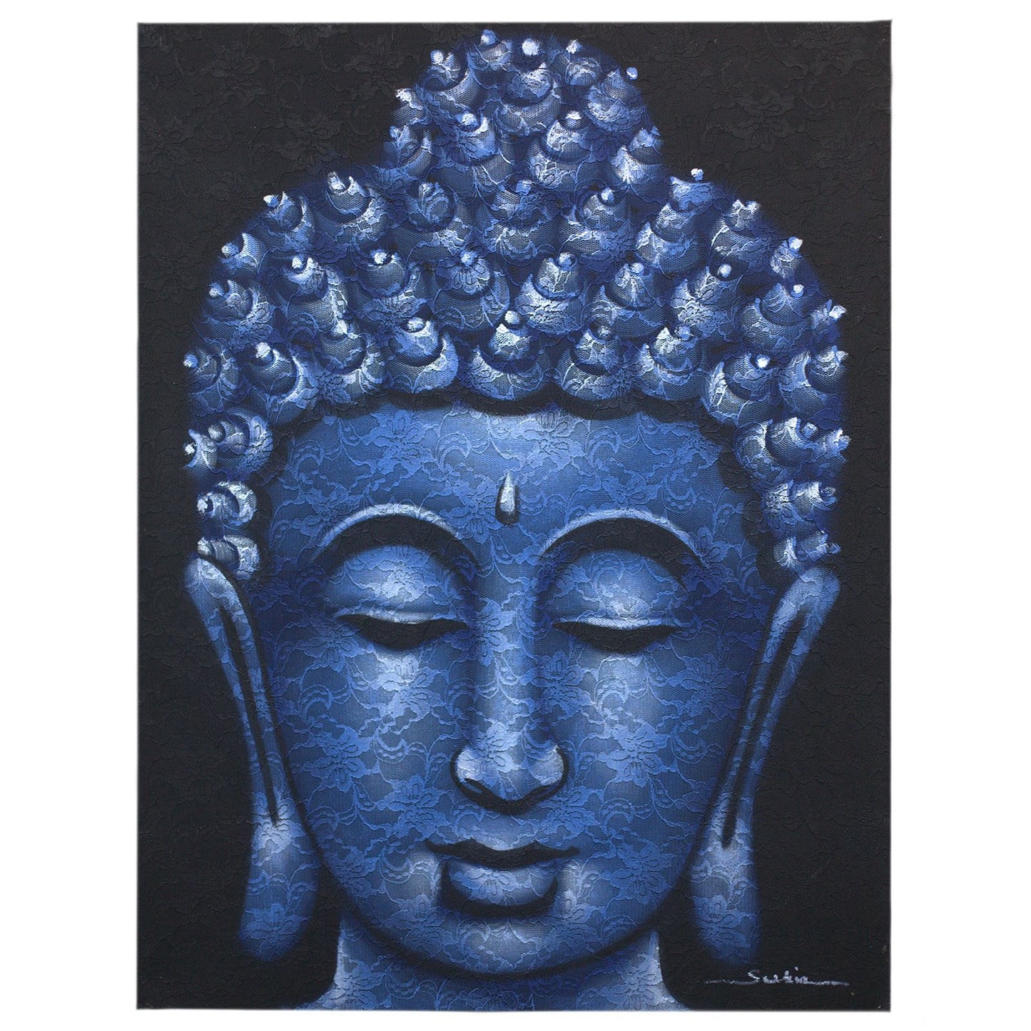 Handgemaltes Buddha-Gemälde 'Blauer Brokat' - 80x60 cm auf Leinwand