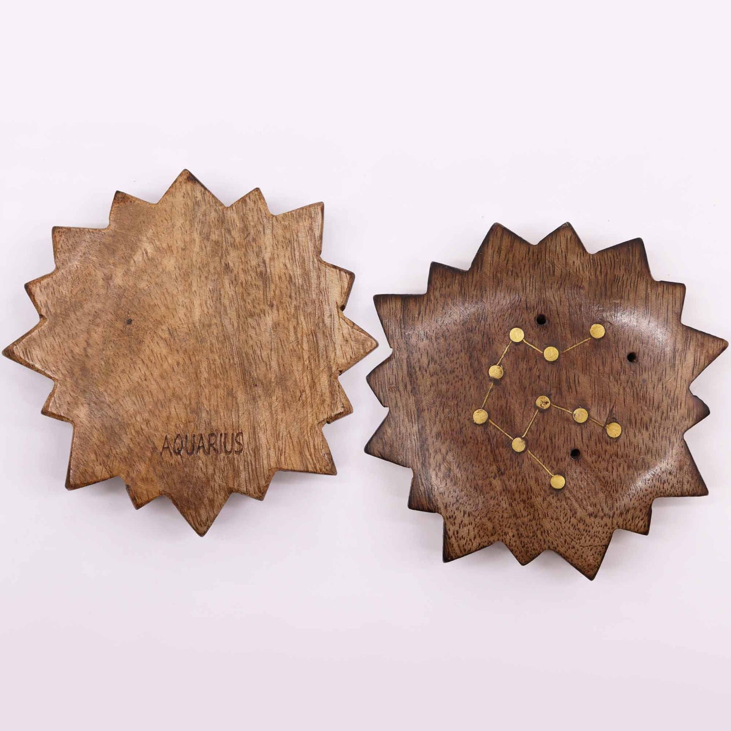 Set mit 12 Räuchersonnen - Gravur der Tierkreiszeichen in Mangoholz und Messing