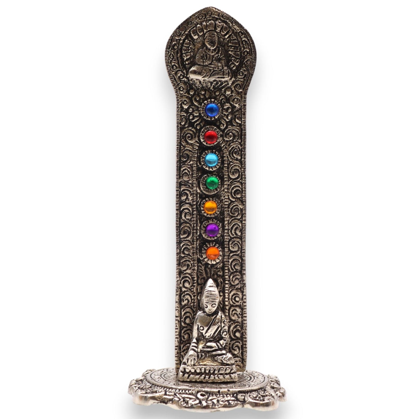 Buddha Chakra Räucherturm aus Aluminium - 16 cm spiritueller Räucherhalter