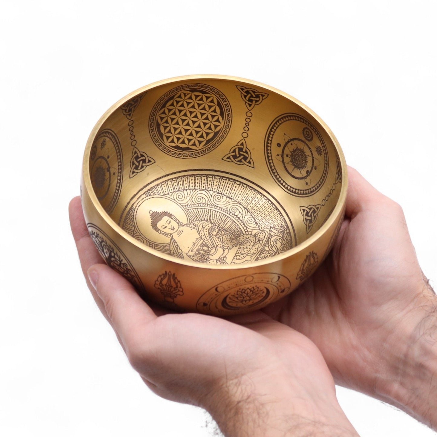 Set mit vier handgravierten Buddha-Klangschalen aus Messing