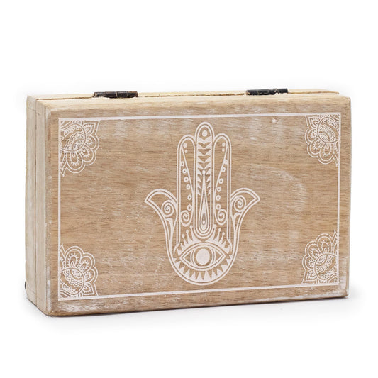 Hamsa-Hand Gravur-Box aus Mangoholz - Weiß getüncht, 21,5x14x6,3 cm