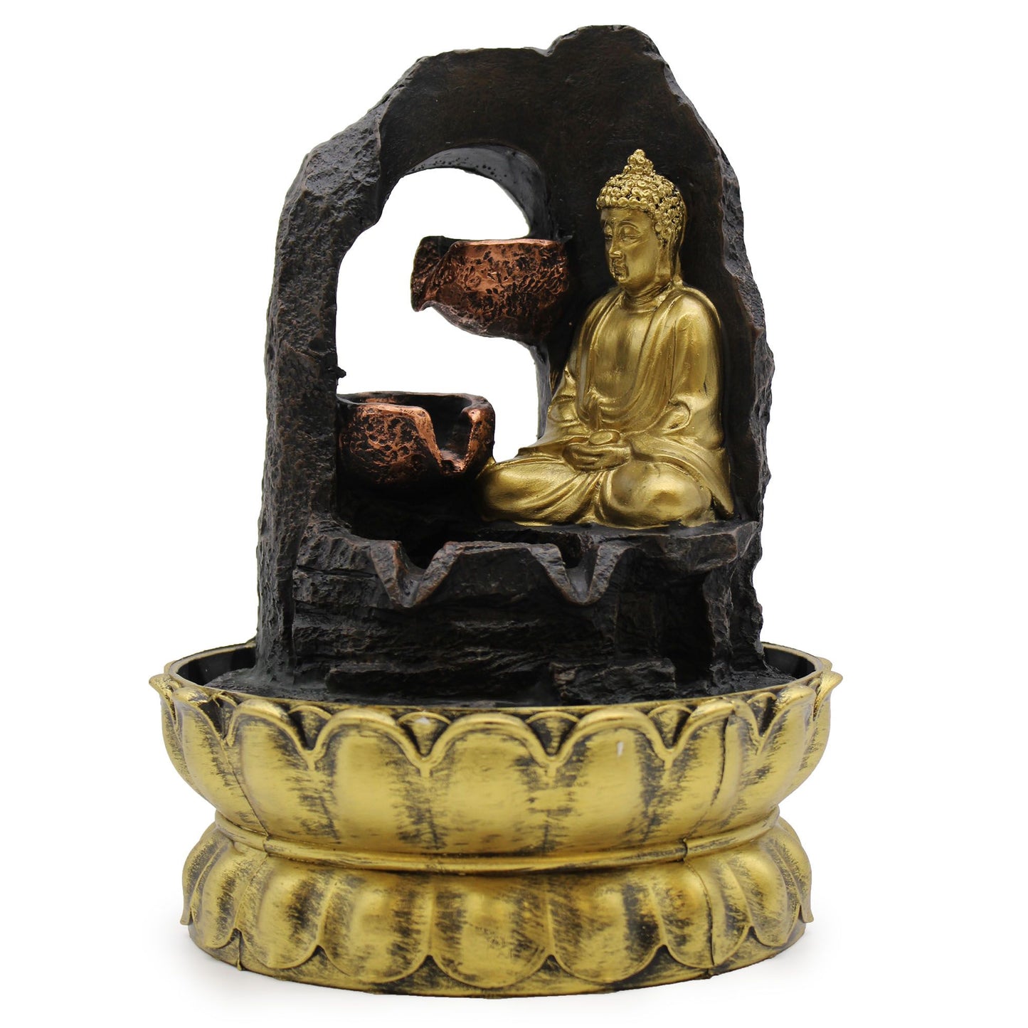 Goldener Buddha Tischbrunnen – Feng Shui Wasserspiel mit LED-Beleuchtung, 30 cm