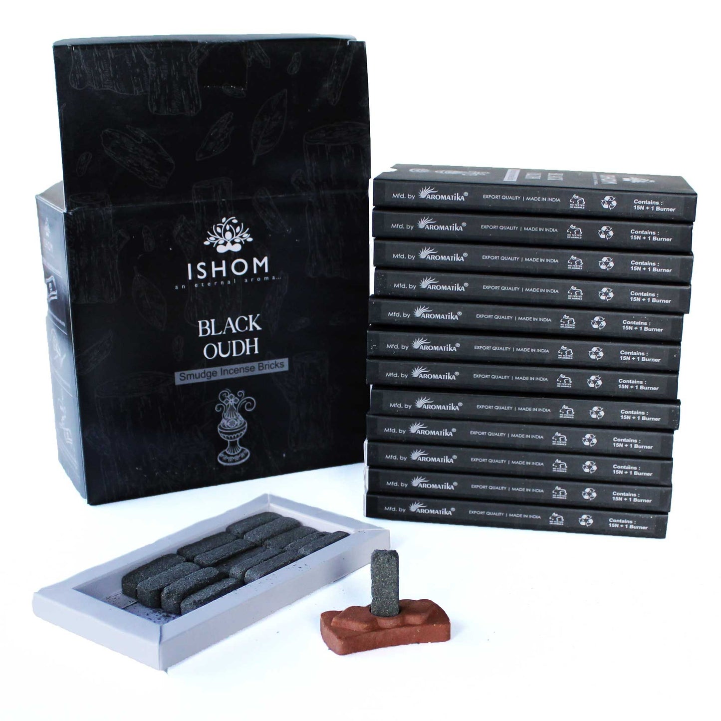 Set mit 15 Räuchersteinen aus Schwarzagarholz inklusive Terrakotta-Brenner