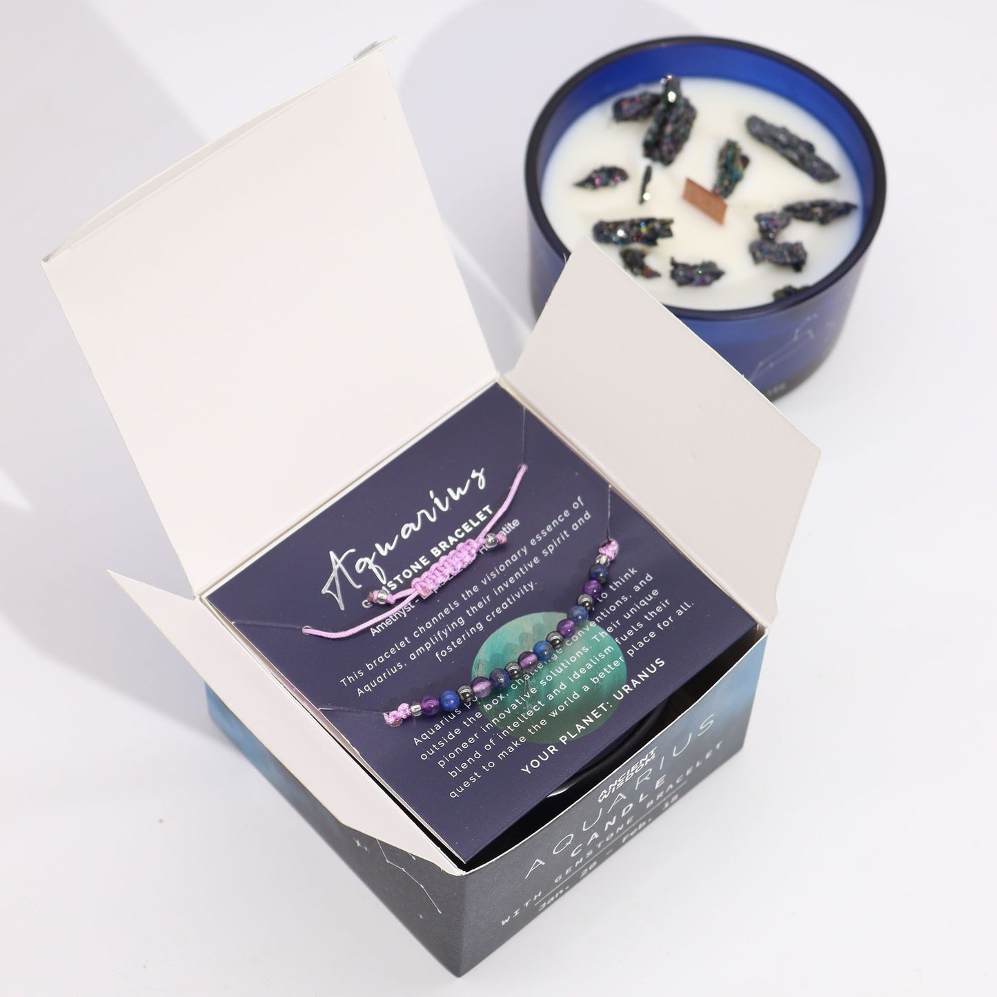 Kristallkerze Wassermann mit Edelstein-Armband – Set für Inspiration & Entspannung
