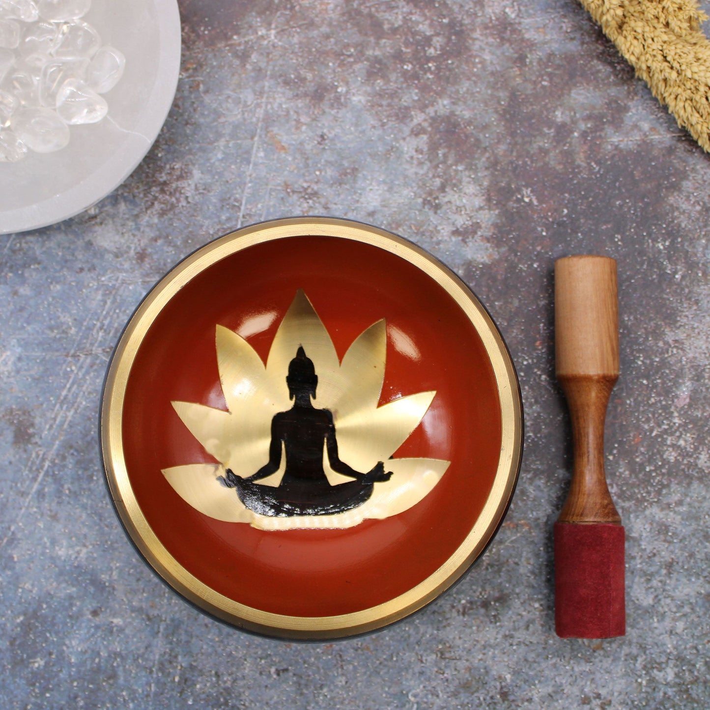 Klangschalen-Set Buddha in Schwarz-Orange, 14 cm (2-tlg.) – Handgefertigt aus Messing