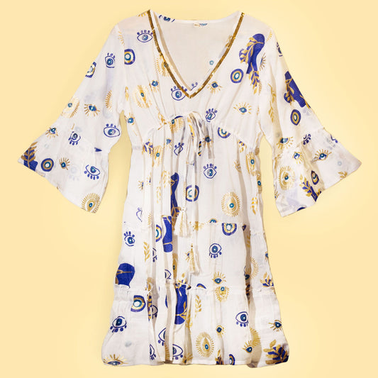 Kleid mit Schutzsymbol – Handbemaltes Unikat in Weiß, Blau und Gold