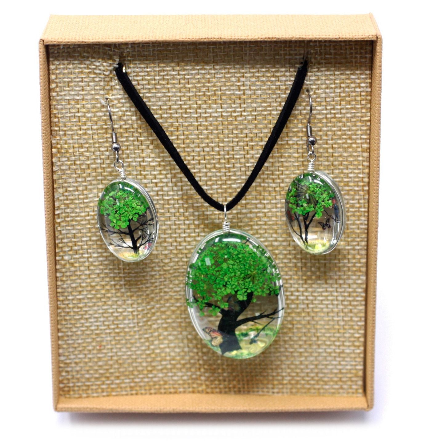 Schmuckset »Ewige Blüte« – Baum des Lebens mit echten Naturblumen in Grün