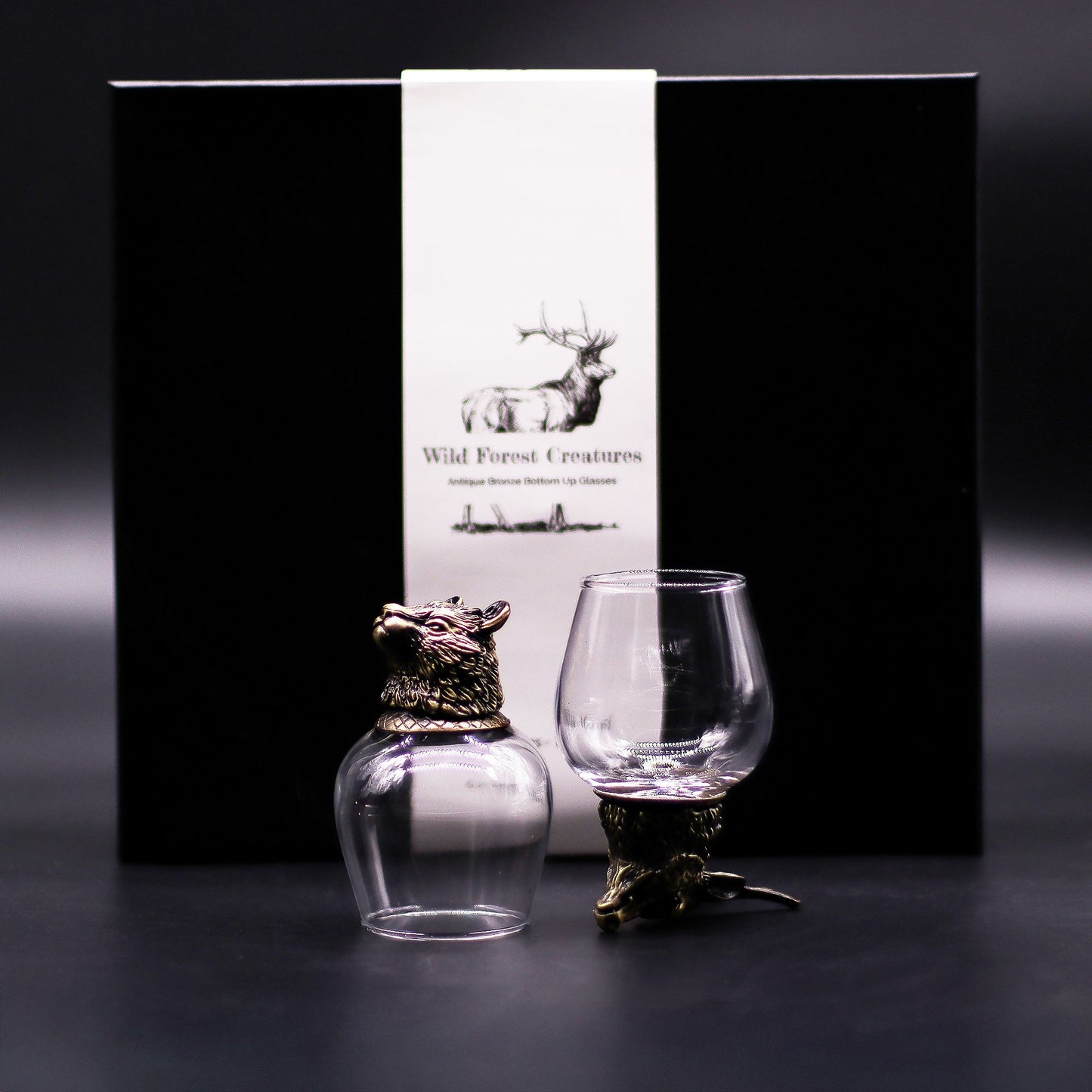 Set mit 6 mystischen Tierglasbechern - Dekoratives Trinkglas mit Antik-Bronze-Fuß