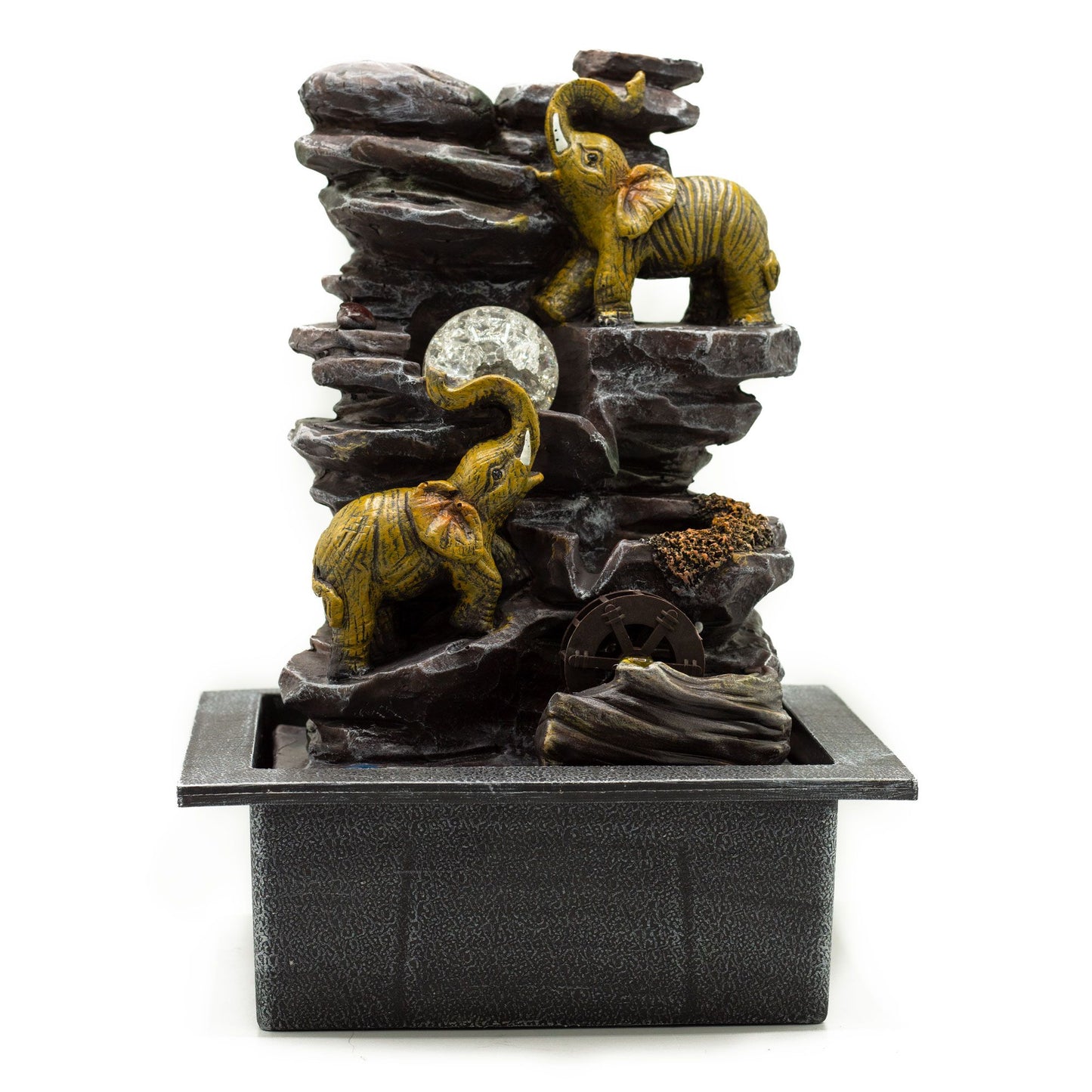 Elefanten-Tischwasserfall mit Kristallkugel und Wasserrad – 35 cm Feng Shui Dekoration