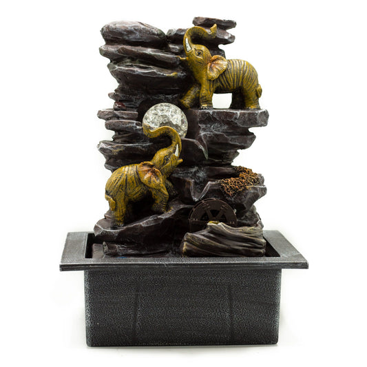 Elefanten-Tischwasserfall mit Kristallkugel und Wasserrad – 35 cm Feng Shui Dekoration