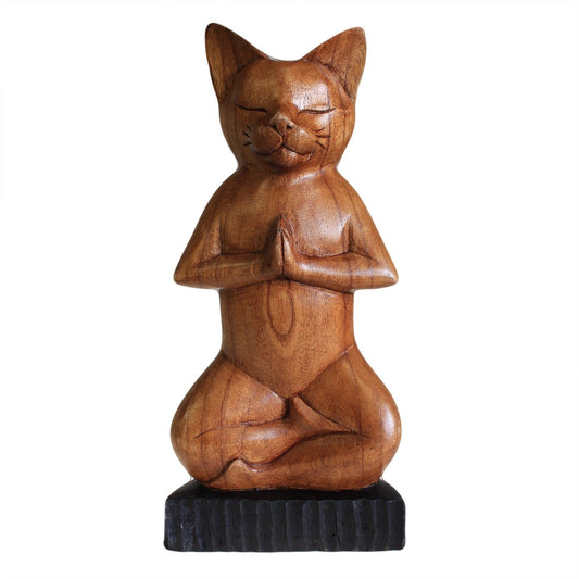 Meditierende Katze aus Suarholz - Handgeschnitztes Yoga-Dekor