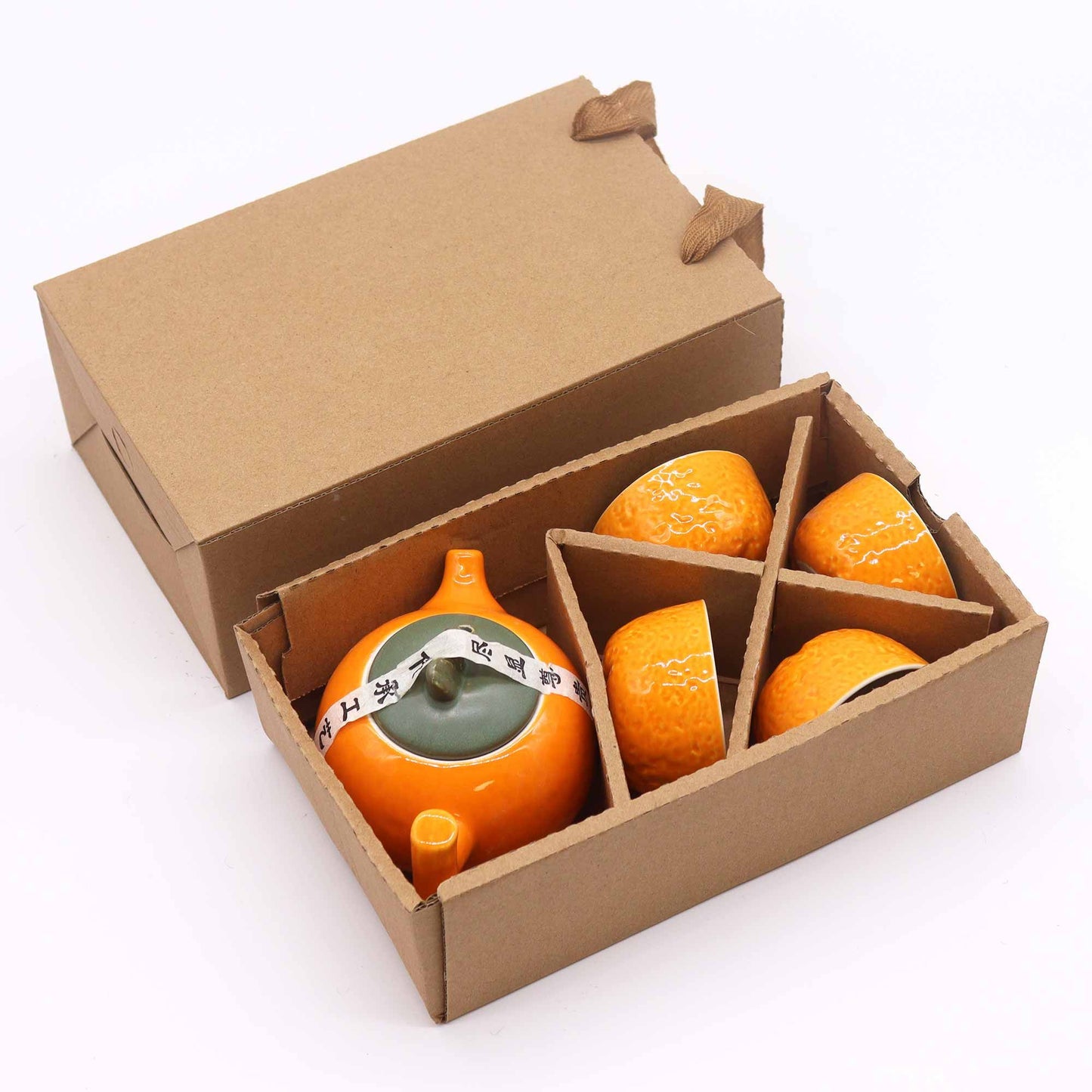 Orangenfreude Teeset – Keramik-Teekanne mit 4 Tassen
